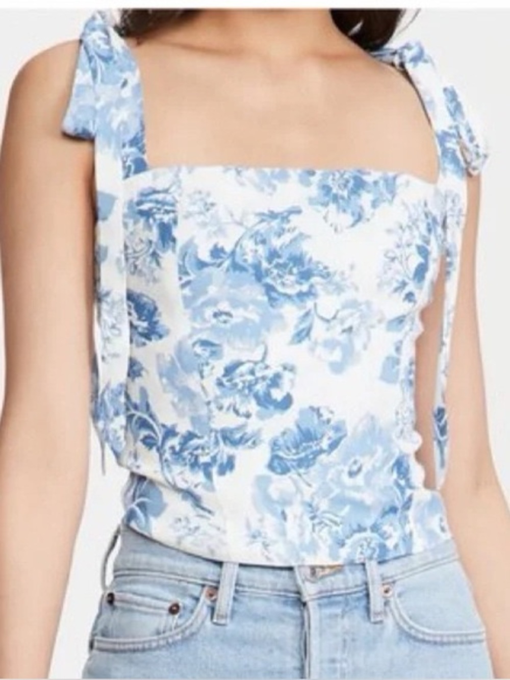 Reformation Garten Olympia Blue Floral Tie-Shoulder Square Neck Women's Top 6